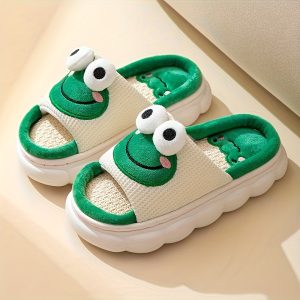 Linen Frog Slippers for Home Couples, Indoor Use, Four Seasons Cute Non slip Boys and Girls Thick Sole Cartoon Slippers