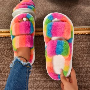 Rainbow Colorful Plush Slippers - Cute Women's Shoes with Soft EVA Sole, Fashionable Home Footwear in All Sizes, Various Colors, Interior Fabric and Insole