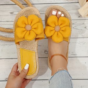 Women's Floral Design Sandals, Slip On Open Toe Lightweight Straw Sole Holiday Slides Shoes, Summer Comfy Beach Shoes