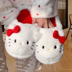 Sanrio Hello Kitty Fluffy Plush Slippers - Cartoon Character Design, Soft Flannel Upper & Lining, Non-Slip TPR Sole, Cozy Warm House Shoes with Professional Dry Clean Care Instructions