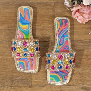 Women's Colorful Rhinestone Decor Slide Sandals, Fashion Square Open Toe Flat Summer Shoes, Lightweight Slide Sandals