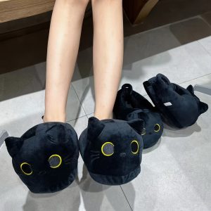 Halloween Fuzzy Black Cat Slippers, Funny Animal House Shoes With Soft Memory Foam, Comfy Plush Warm Slip-on Slippers Suitable for winter