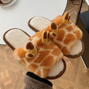 Kawaii Cartoon Giraffe Novelty Slippers, Fluffy Open Toe Cozy Slip On Shoes, Women's Bedroom Plush Slippers