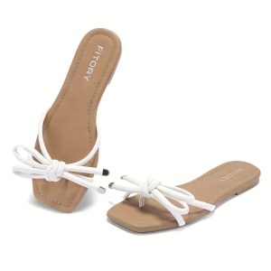 Women's Flat Sandals Square Open Toe Thong with Cute Knot for Summer