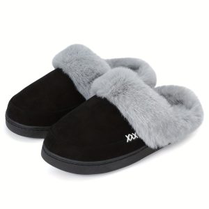 Women's and Men's Suede House Slippers Slip on Fuzzy Slippers with Faux Fur Lining Indoor Outdoor Home Shoes with Rubber Sole