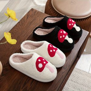 Women's Cute Mushroom Pattern Furry Slippers, Anti-slip Soft Fashionable House Slippers, Winter Cozy Warm Shoes For Indoor Outdoor