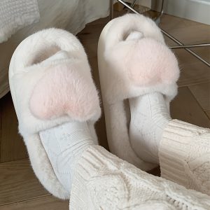 Cute Love Heart Faux Fluffy Fur Thick Platform Home Women Slippers, Winter Warm Plush Foam Slides, Women Indoor House Shoes