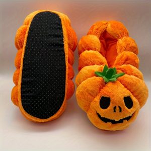 Halloween Pumpkin Pattern Plush Slippers, Cozy Lined Slip-On Indoor Shoes for Women and Men