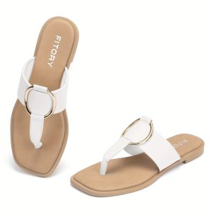 Women's Thong Flip Flop Sandals, Fashion Golden Ring Decor Square Open Toe Summer Flat Slide Shoes