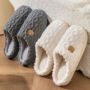 Cute Bear Print Plush Winter Slippers, Cozy Warm Flat Fluffy Shoes, Cozy Family Bedroom Slippers