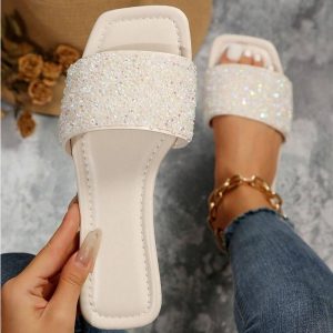 Women's Rhinestone Open Toe Slides, Square Flat Bottom Summer Beach Sandals for Indoor & Outdoor Wear