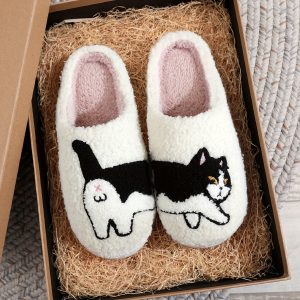 Cute Cat Pattern Slippers, Casual Slip On Plush Lined Shoes, Comfortable Indoor Home Slippers