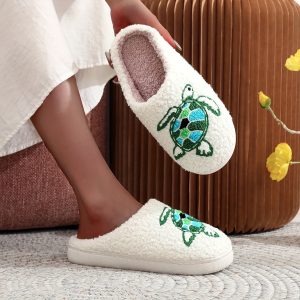 Cute Turtle Pattern Slippers, Casual Slip On Plush Lined Shoes, Comfortable Indoor Home Slippers