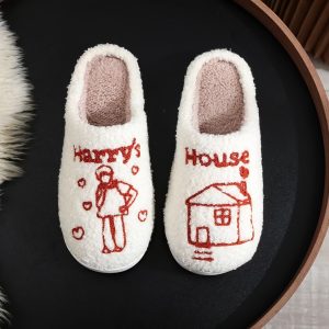 Cartoon Print Home Warm Slippers, Slip On Soft Sole Flat Fuzzy Non-slip Shoes, Winter Plush Cozy Indoor Shoes