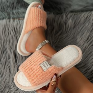 Warm Striped Pattern Slippers, Casual Open Toe Plush Shoes, Comfortable Indoor Home Slippers