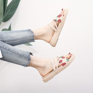 Women's Strawberry Print Slide Sandals, Casual Open Toe Flat Summer Shoes, Comfortable Beach Shoes