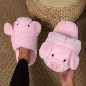 Cute Cartoon Plush Novelty Slippers, Closed Toe Slip On Fuzzy Flat Shoes, Winter Warm Animal Slippers