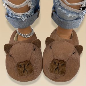 Cute Capybara Plush Lined Slippers, Soft Sole Round Toe Indoor House Shoes, Comfy Novelty Animal Slippers